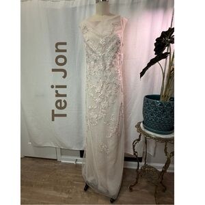Teri Jon NWT Nude Lace Beaded Evening Gown Formal Illusion Dress Size 14